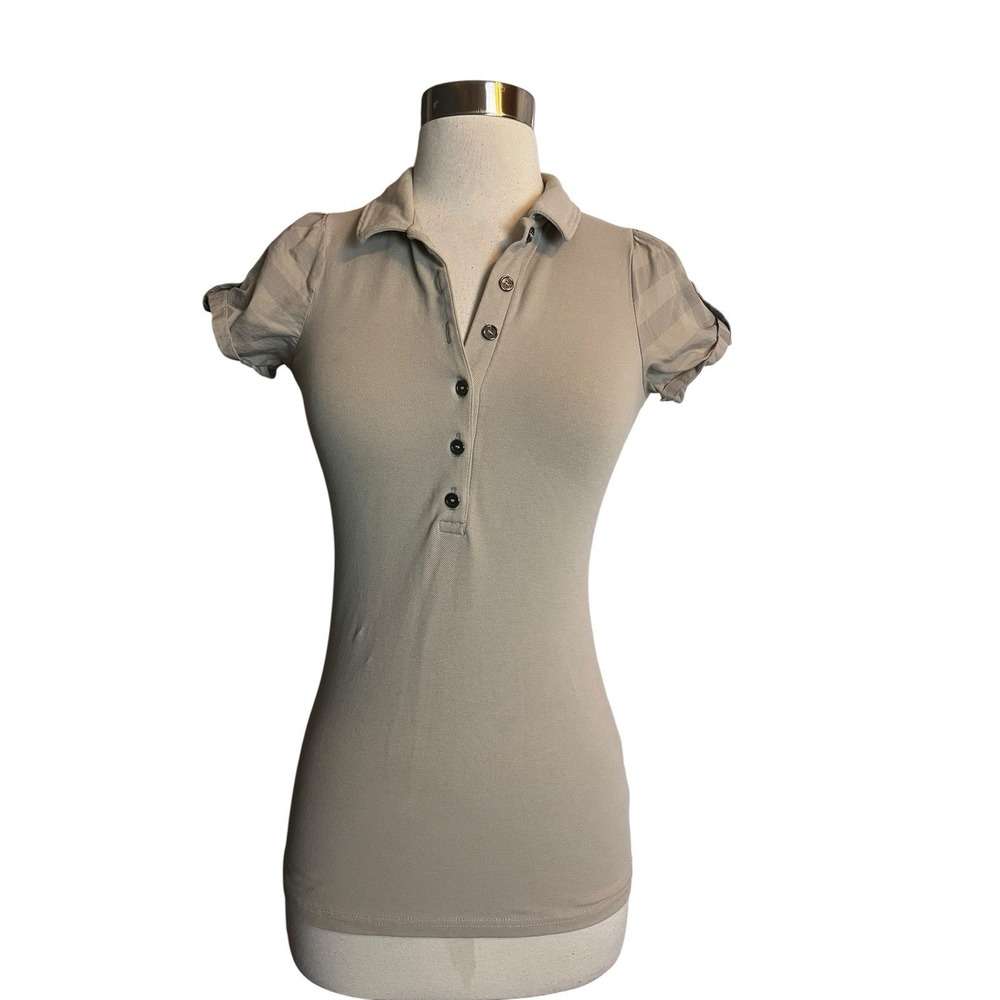 BURBERRY Brit Polo Shirt T-Shirt Top XS Beige Pique Cotton Puff Sleeve